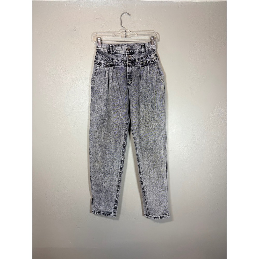 Vintage Lee High Waisted Acid Wash Jean 25x28.5 Gray Pleated Tapered Mom USA 80s